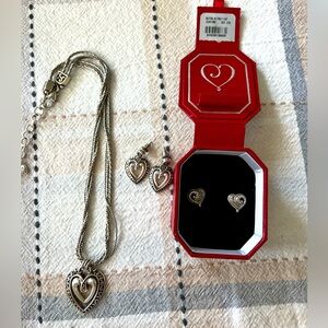 Brighton Ellington Silver Heart Necklace and 2 Pairs of Earrings